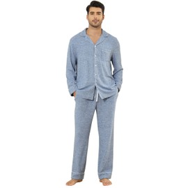 Veseacky Mens Pajamas Set Long Sleeve Soft Pajamas for Men Button Down Sleepwear Pjs Lounge Sets with Pockets (Blue,XL)