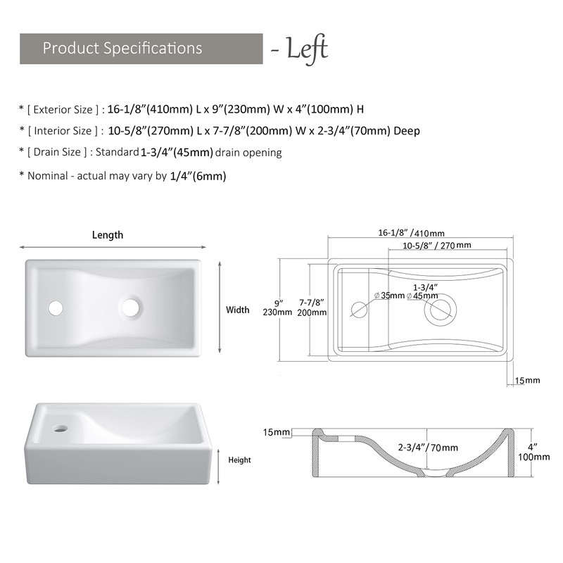 MEJE 16-Inch Wall Hung Basin Sink Combo, Small Cloakroom Basin,
