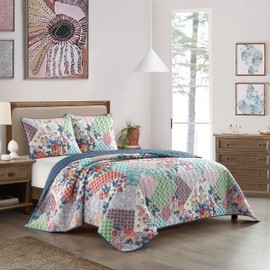 Stratford Park All Season Multi Color Floral Quilt Set with Pillow Shams, Patchwork Cottage Quilt Queen Size, Fashion Bedspreads & Coverlets