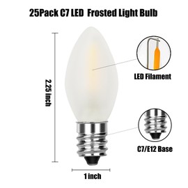 25 Pack C7 LED Christmas Light Bulb, White LED Christmas Frosted Light Bulb Indoor Outdoor Patio Christmas Party String Lights, 0.6W LED Shatterproof, C7/E12 Candelabra Base, 2700K Warm White
