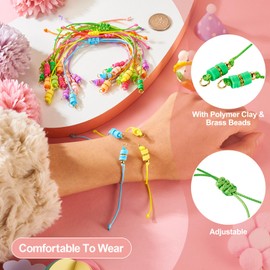 16 Pcs Half Finished Thread Bracelet Adjustable Slider Friendship Bracelets Rainbow Braided Cord Bracelet Ropes with Polymer Clay & Brass Beads for Jewelry Making DIY Crafts