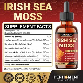 Penhoment 6in1 Sea Moss Drops with Black Seed Oil Irish Seamoss, Ashwagandha, Burdock Root & Bladderwrack - Multimineral Liquid Vegan - 1FL Oz - 30 Day Supply