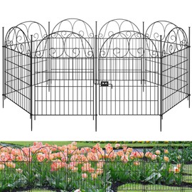 8 Pcs Tall Garden Fence with Gate,36in H x 27in L, Metal No Dig Fence Animal Barrier, Black Arched Rustproof Garden Fence Border, Dog Fence Outdoor for Yard,Patio