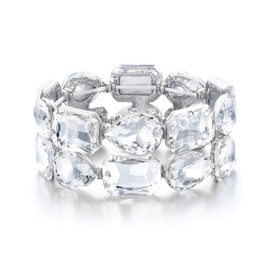 Flyonce Wedding Bracelets for Brides Bridesmaids Rhinestone Crystal 2 Layerd Wide Stretch Bracelet for Women Clear Silver-Tone