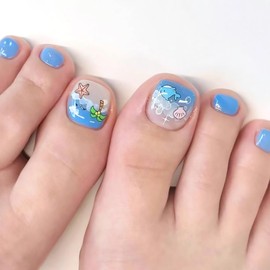 Tyuimhx Summer Beach 24pcs Square Acrylic Press-On False Toenails with Coconut Tree Seashells, Dolphin, Starfish Designs, Glossy Finish, Tropical Style