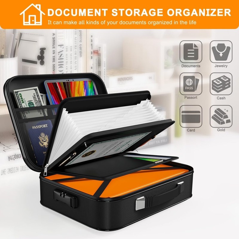 JUNDUN Fireproof Document Box,Hard Case Fireproof Document Organizer with Lock，Home