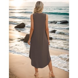 Pylnily Women's Summer Dresses Casual Sleeveless Maxi Dresses V Neck Loose Sundress Long Dress with Pockets (Brown-L)