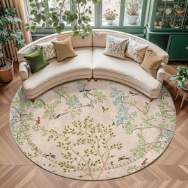 jinchan Yarden Round Rugs 8ft Beige Botanical Birds Print Machine Washable 8' Circle Nature Plants Modern Soft Non Slip Kids Throw Area Rugs Ultra Thin Low Pile Carpet for Living Room Bedroom