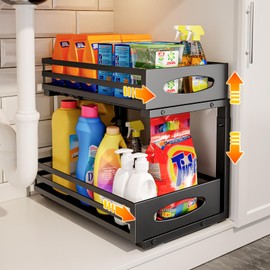 Under Sink Organizer, 2 Tier Under Sink Organizers and Storage, Adjustable Height, Slide out Metal Cabinet Organizers, Pull out Cabinet Storage Drawer Shelf for Kitchen Bathroom