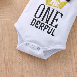 ATCTBOGFS Baby Boy One 1st Birthday Outfits Infant Clothes Short Sleeve Bow Tie Romper Pants Set Suspenders 12-18M, Onderfulongpant1218m, 12-18Months