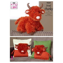 King Cole 9089 Knitting Pattern Highland Cow Toy & Cushion Covers in King Cole Tinsel Chunky