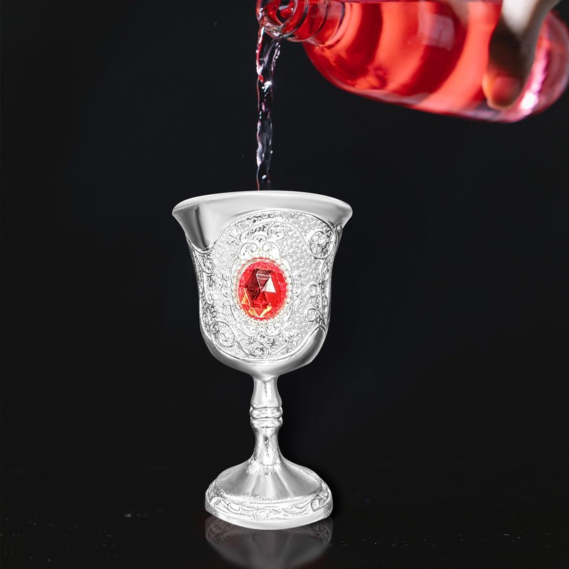 Ruby Goblet Embossed Design Silver Metal Wine Glass Vintage Ethnic