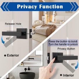 Orger 5 Pack Privacy Door Handle Matte Black Keyless Interior Door Lock for Bed and Bath, Modern Style Door Lever with Square Rose Reversible for Left & Right, Stainless Steel Door Lever Handle