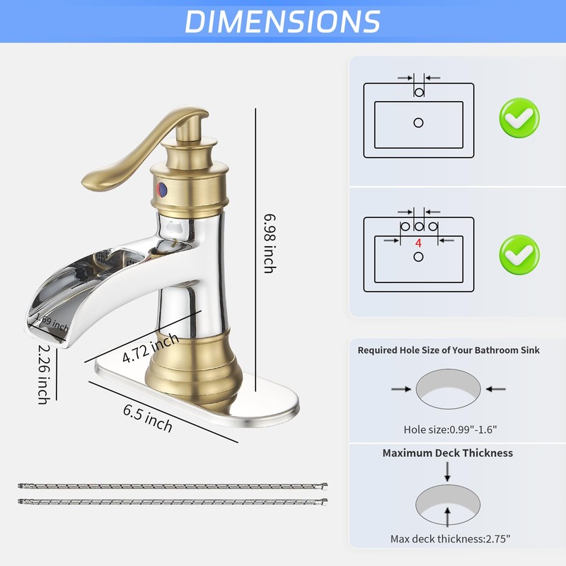 BWE Bathroom Faucet Waterfall Single Handle Chrome and Gold Vanity