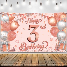 KatchOn, Rose Gold Happy 3rd Birthday Banner - Xtralarge, 72x44 Inch | Rose Gold 3rd Birthday Decorations for Girls | Rose Gold 3rd Birthday Backdrop for Girls | 3 Year Old Birthday Decorations Girl