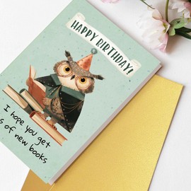 Cute Owl Birthday Card, Birthday Card for Book Lovers, New Book Bday Gifts, I Hope You Get Tons of Books