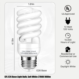E26 CFL Light Bulbs 13Watt, T2 Spiral Soft White 2700K 900lm E26 Medium Base Compact Fluorescent Light Bulbs, UL Approved, 120v 60Hz, Self Ballasted CFL Bulbs (60Watt Equivalent), Pack of 4