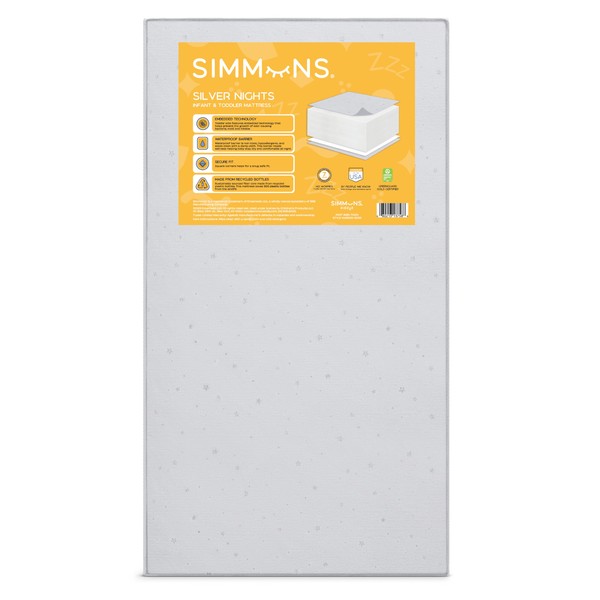 Simmons Kids Silver Nights Dual Sided 2-Stage Baby Crib Mattress and Toddler Mattress - GREENGUARD Gold – Waterproof - Sustainably Sourced Core Fiber Core, Grey