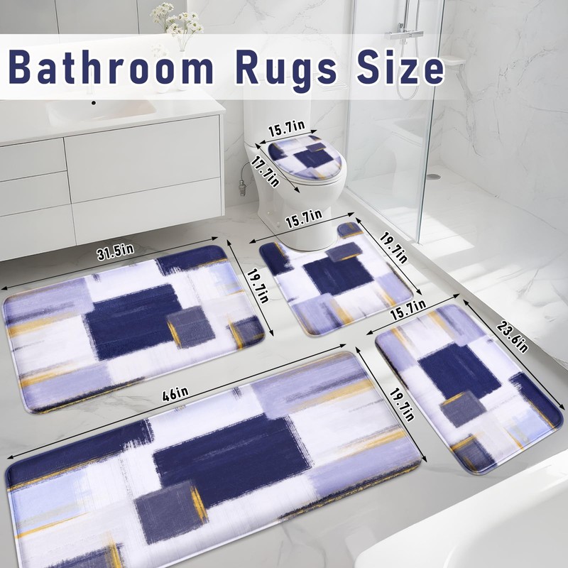 Blue Memory Foam Bathroom Rug Sets 5 Piece, Absorbent Non-Slip