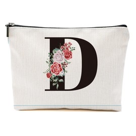 MQBMQB Rose Letter Initial D Makeup Bags for Women Lined Monogram Cosmetic Bag with Zipper Birthday Gifts for Women Girls Bridesmaid Best Friends Sisters, Travel Toiletry Bag, Wedding Gifts
