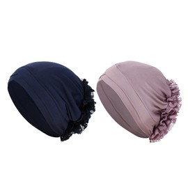 2 Pcs Women Turban Solid Color Head Wrap Scarf Lady Pre-tied Lace Discoid Flower Headband Soft Breathable Chemo Hair Loss Headwear Kerchief Beanie Hat
