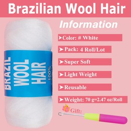 COOKOO 4 Roll White Brazilian Wool Hair Acrylic Yarn for African Crochet Hair Jumbo Braids Senegalese Twisting Knitting Hair Braids Faux locs Spiral Corkscrews Braids Twist Wraps 70G/Roll(White#)
