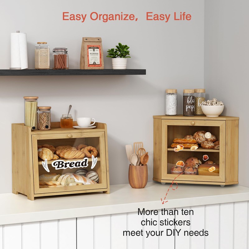 Goozii Bamboo Corner Bread Box for Kitchen Counter, 2 Tier