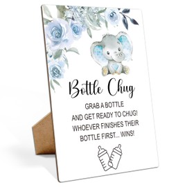Baby Shower Games Bottle Chug Sign-8x11 Inches Blue Elephant Wooden Sign Baby Gift for Baby Shower Gender Reveal Party, Gender Neutral Baby Bottle Shower Party Games Favors Supplies-5