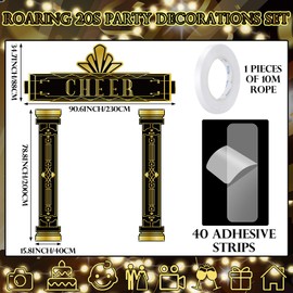 Tingjoo 6 Pcs Roaring 20s Party Decorations Set Black and Gold Door Cover Banner with Gold Tinsel Fringe Curtain Backdrop 1920s Birthday Speakeasy Awards Night Vintage Jazz Flapper Wedding Supplies