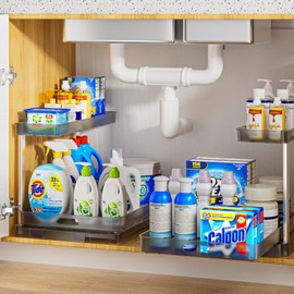 Delamu Under Sink Organizers and Storage, 1 Pack Pull Out Kitchen Cabinet Organizers, 2 Tier L-Shape Under Sink Storage Shelf for Kitchen Pantry Bathroom