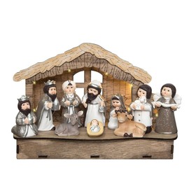 Lighted Christmas Tabletop Nativity with 10 Figurines, 8 x 5.5 inches, Silver with Glittered Accents, Battery Operated, Wood Creche and Polyresin Figurines