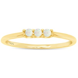 AFFY Three Stone Ring, 1.5MM Round Cut Created Opal Dainty Stackable Engagement Ring In 14k Yellow Gold Plated 925 Sterling Silver Jewelry For Her Ring Size -8