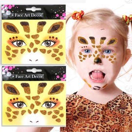 Giraffe Face Tattoo Stickers Yellow Glitter Giraffe Face Gems for Boy Girls Cute Animal Temporary Tattoo Decal Party Birthday Cosplay Face Temporary Tattoo for Makeup 2 sheets (style 5)