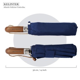 KELINTER® Wooden Handle Windproof Folding Umbrella with Auto Open and Close Teflon 300 T with 10 Reinforced Poles, navy blue