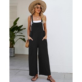 Flygo Overalls for Women Cotton Linen Bib Overalls Loose Fit Wide Leg Jumpsuits Casual Rompers with Pockets(Black-M)