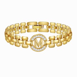WEDDINEN Initial Bracelet,14K Gold Plated Letter Bracelets for Women, Thick Bangle Wrist Gold Initial Bracelets for Women, Alphabet Bracelet Jewelry Initial M Charm Chain