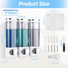 Set of 3 300 ml Soap Dispenser, Wall Mounted, Soap Dispenser No Drilling, Soap Dispenser, Manual Dispenser, Shampoo Shower Gel Conditioner Dispenser for Toilet, Shower Screen, Bathroom, Hotel, White
