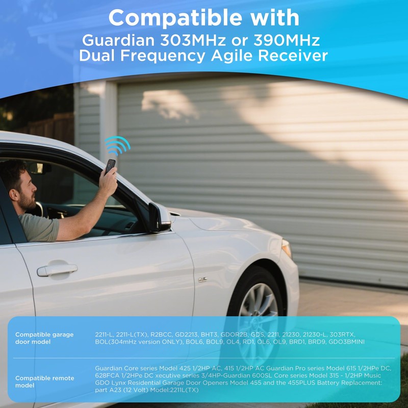Guardian 2211-l Remote Garage Door Opener Transmitter 303MHz, 390MHz Dual