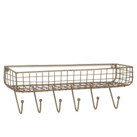Abbott Collection Wall Basket Shelf with 6 Hooks - Metal, Dark Antique Brass (16"W)