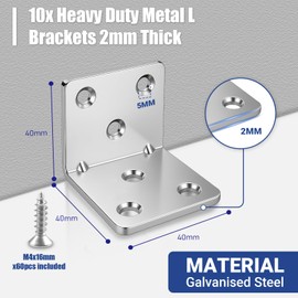 Xyxu L Brackets for Wood, 10pack Heavy Duty 40x40x40mm Metal Right Angle Corner Brackets for Wood with Screws, 2mm Thick Galvanised Steel 90 Degree L Shaped Bracket as Joining Fixing Repair Connector