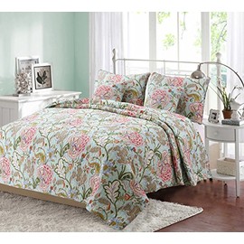 Onitiva [Queen Camellia] 100% Hypoallergenic Cotton 3 Piece Floral Quilt Set Bedroom Quilt Bedding Full/Queen Size Green
