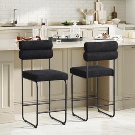 Giantex 26" Counter Height Bar Stools Set of 2, Upholstered Sherpa Bar Chairs with Backs, Metal Frame & Footrest, Modern Teddy Fabric Barstools for Kitchen Island Dining Room Restaurant, Black