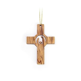 Olive Wood Ornaments from The Holy Land - 2D Cross Wooden Nativity Ornament, Mary, Joseph, Jesus - 2.5”x3.5” Christian Christmas Ornaments for Tree Decorations & Seasonal Decor
