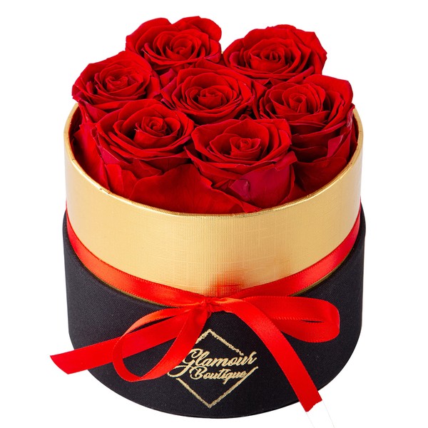 GLAMOUR BOUTIQUE 7-Piece Forever Flowers Round Box - Preserved Roses, Immortal Roses That Last A Year - Eternal Rose Preserved Flowers for Delivery Prime Mothers Day & Valentines Day - Red