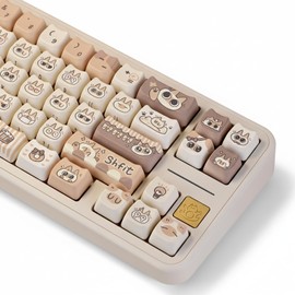 SWDPORT Cute Cat Keycaps Set, 132 Keys Thick PBT Mao Profile Keycaps, Dye Sublimation Keycap Set for MX Mechanical Keyboard, Fits 60% 75% 96% TKL 100% Layouts, Beige and Brown