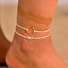 Jovono Boho Anklet with Gold Heart Anklet Beach Circle Adjustable Ankle Jewelry 2 Pieces for Women and Girls
