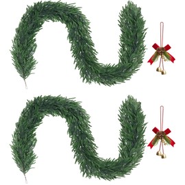 2Pcs 9Ft Artificial Norfolk Pine Garland,Realistic Artificial Greenery Garland Faux Christmas Garland for Mantle Fireplace Table Stair Front Door Indoor Outdoor Holiday Xmas Decorations