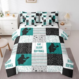 Erosebridal Girls Boys Softball Twin Comforter Set 7 Piece,Sports Bedding Sets for Boys Ball Games Room Decor,Checkered Softball Bed in a Bag with Fitted Sheet,Flat Sheet,Pillowcases & Shams