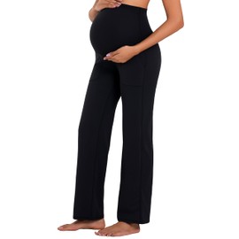 Sunzfly Maternity Wide Leg Pants Over Belly Flowy Pregnancy Lounge Yoga Pants with Pockets, Stretchy & Supportive,32 Inseam Black XL