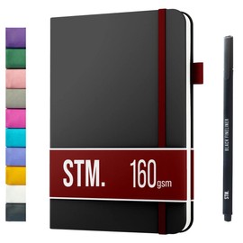 A5 Bullet Dotted Journal Notebook by STM | Thick Bleedproof 160gsm Paper, 150 Pages | Lay Flat Vegan Leather Hardcover | 2 Bookmarks, Printed Page numbers | Black Pen | 5.75 x 8.5 in | Charcoal